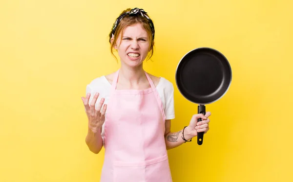 Red Head Pretty Woman Looking Angry Annoyed Frustrated Fry Pan — Fotografia de Stock