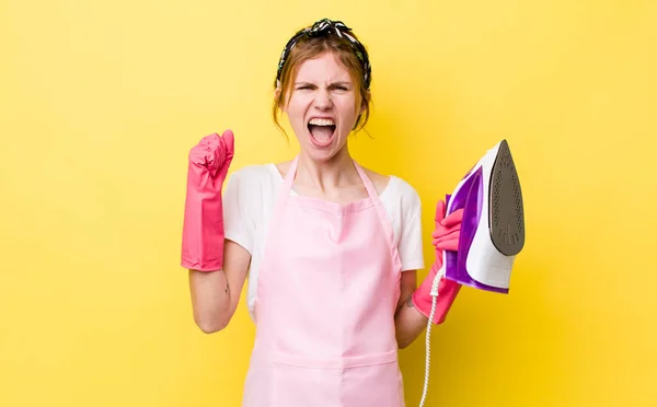Red Head Pretty Woman Shouting Aggressively Angry Expression Housekeeper Concept — Φωτογραφία Αρχείου