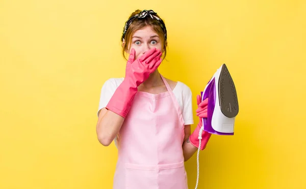 Red Head Pretty Woman Covering Mouth Hands Shocked Housekeeper Concept — Foto Stock