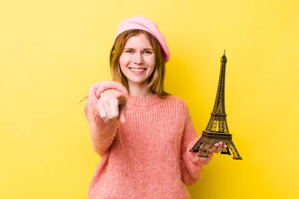 Red Head Pretty Woman Pointing Camera Choosing You French Concept — Stock Photo, Image