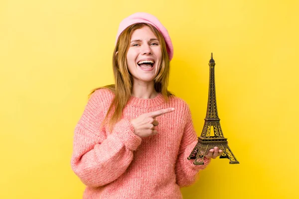 Red Head Pretty Woman Looking Excited Surprised Pointing Side French — Zdjęcie stockowe