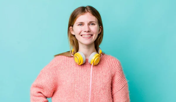Red Head Pretty Woman Smiling Happily Hand Hip Confident Headphones — Stockfoto