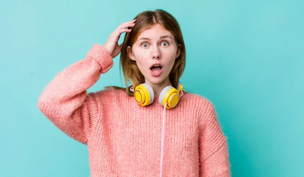 Red Head Pretty Woman Looking Happy Astonished Surprised Headphones Music — Foto de Stock