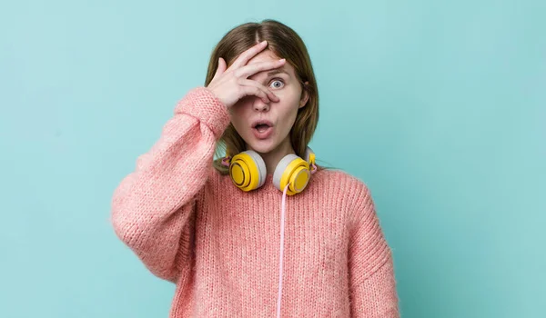 Red Head Pretty Woman Looking Shocked Scared Terrified Covering Face — Stockfoto