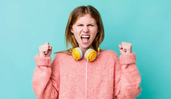 Red Head Pretty Woman Shouting Aggressively Angry Expression Headphones Music — Foto de Stock