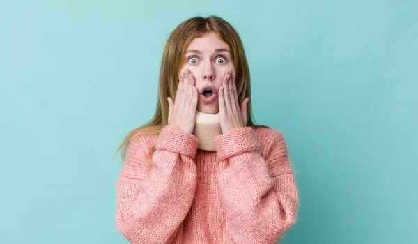 Red Head Pretty Woman Feeling Shocked Scared Accident Collar Concept — Stockfoto