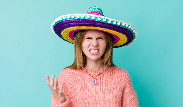 Red Head Pretty Woman Looking Angry Annoyed Frustrated Mexican Hat — Foto de Stock