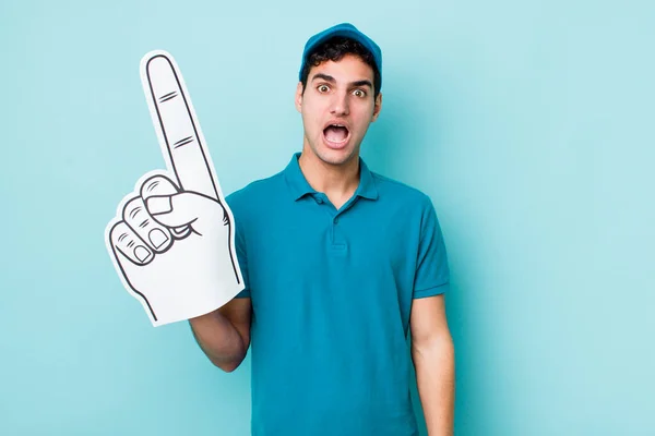 Handsome Hispanic Man Looking Very Shocked Surprised Number One Hand — Stock Photo, Image