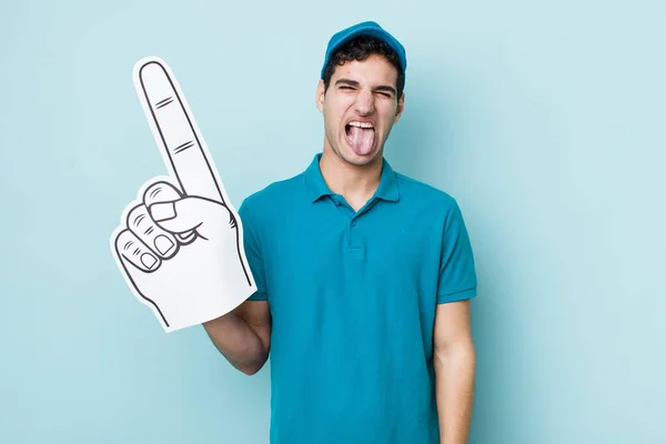 Handsome Hispanic Man Cheerful Rebellious Attitude Joking Sticking Tongue Out — Stock Photo, Image