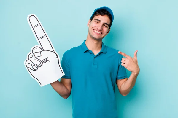 Handsome Hispanic Man Smiling Confidently Pointing Own Broad Smile Number — Stock Photo, Image