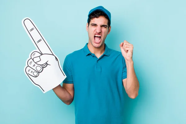 Handsome Hispanic Man Shouting Aggressively Angry Expression Number One Hand — Stock Photo, Image