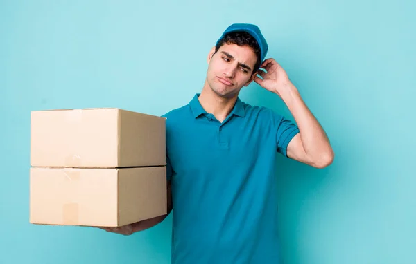 Handsome Hispanic Man Smiling Happily Daydreaming Doubting Employee Concept — Stock Photo, Image