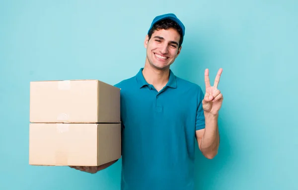 Handsome Hispanic Man Smiling Looking Happy Gesturing Victory Peace Employee — Stock Photo, Image