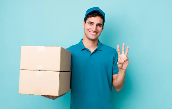 Handsome Hispanic Man Smiling Looking Friendly Showing Number Three Employee — Stock Photo, Image