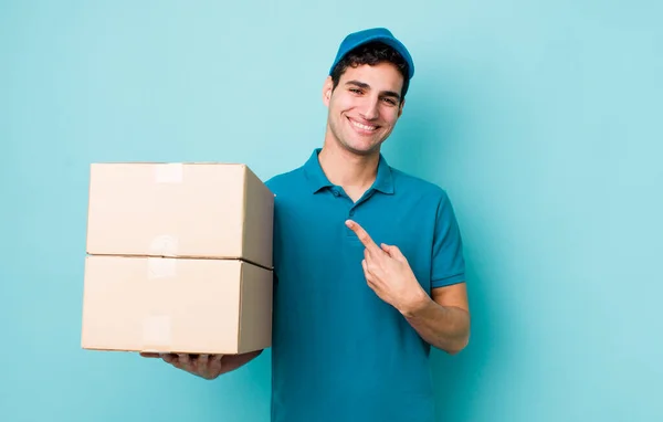 Handsome Hispanic Man Smiling Cheerfully Feeling Happy Pointing Side Employee — Stock Photo, Image