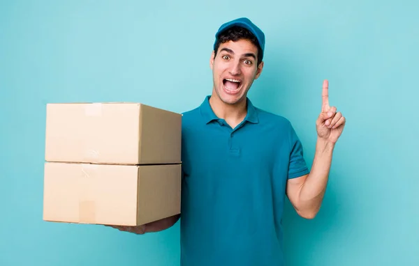 Handsome Hispanic Man Feeling Happy Excited Genius Realizing Idea Employee — Stock Photo, Image