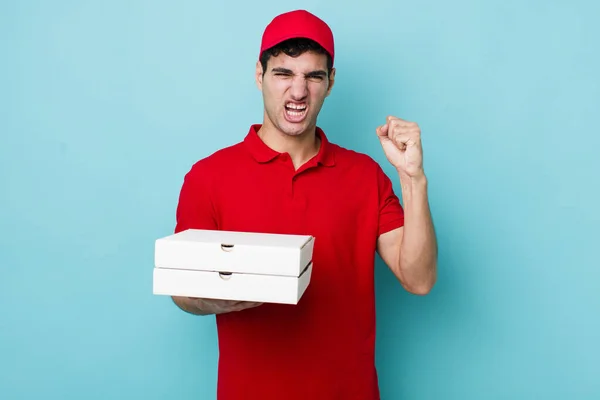 Handsome Hispanic Man Shouting Aggressively Angry Expression Delivery Pizza Concept — Stock Photo, Image