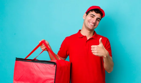 Handsome Hispanic Man Feeling Proud Smiling Positively Thumbs Delivery Pizza — Stock Photo, Image