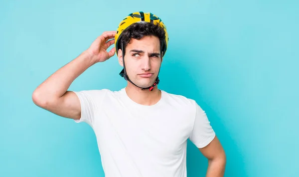 Handsome Hispanic Man Smiling Happily Daydreaming Doubting Bike Concept — Stock Photo, Image