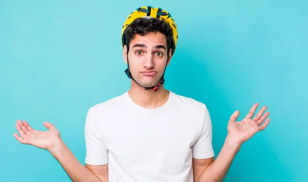 Handsome Hispanic Man Feeling Puzzled Confused Doubting Bike Concept — Stock Photo, Image