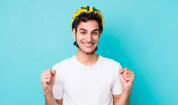 Handsome Hispanic Man Feeling Shocked Laughing Celebrating Success Bike Concept — Stock Photo, Image