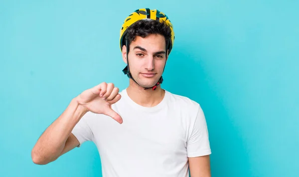 Handsome Hispanic Man Feeling Cross Showing Thumbs Bike Concept — Stock Photo, Image