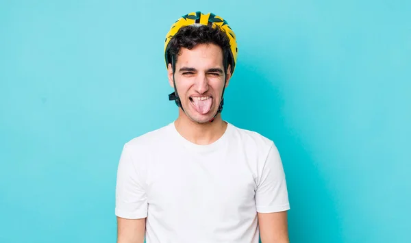 Handsome Hispanic Man Cheerful Rebellious Attitude Joking Sticking Tongue Out — Stock Photo, Image