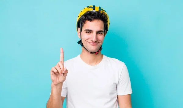 Handsome Hispanic Man Smiling Looking Friendly Showing Number One Bike — Stock Photo, Image