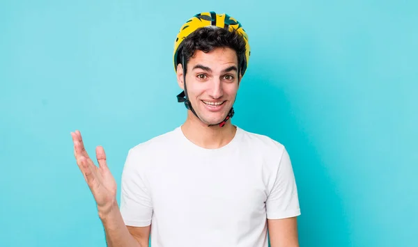Handsome Hispanic Man Feeling Happy Surprised Realizing Solution Idea Bike — Stock Photo, Image
