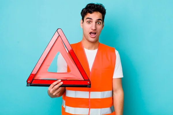 Handsome Hispanic Man Looking Very Shocked Surprised Car Triangle Danger — Stock Photo, Image