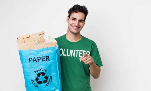 Handsome Hispanic Man Pointing Camera Choosing You Ecology Concept — Stock Photo, Image