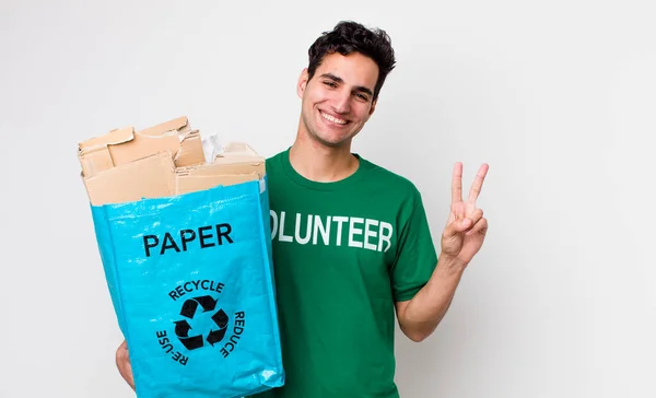 Handsome Hispanic Man Smiling Looking Happy Gesturing Victory Peace Ecology — Stock Photo, Image