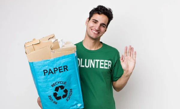 Handsome Hispanic Man Smiling Happily Waving Hand Welcoming Greeting You — Stock Photo, Image