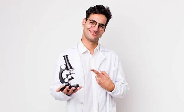 Handsome Hispanic Man Smiling Cheerfully Feeling Happy Pointing Side Scientist — Stock Photo, Image