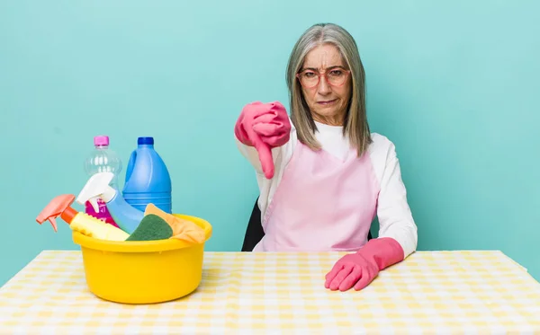 Senior Gray Hair Woman Feeling Cross Showing Thumbs Housekeeper Concept — Stock Photo, Image