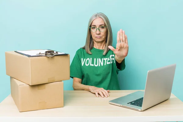 Senior Gray Hair Woman Looking Serious Showing Open Palm Making — Stock Photo, Image