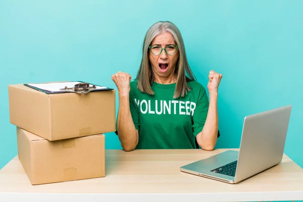 Senior Gray Hair Woman Shouting Aggressively Angry Expression Donation Volunteer — Stock Photo, Image