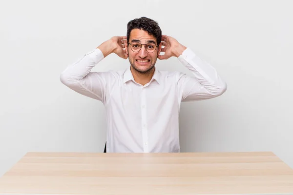 Hispanic Handsome Man Feeling Stressed Anxious Scared Hands Head Businessman — Stock Photo, Image