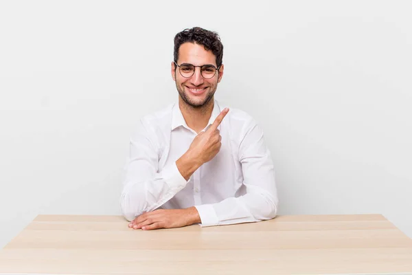 Hispanic Handsome Man Smiling Cheerfully Feeling Happy Pointing Side Businessman — Stock Photo, Image