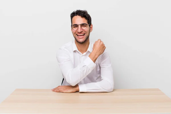 Hispanic Handsome Man Feeling Happy Facing Challenge Celebrating Businessman Desk — Stock Photo, Image