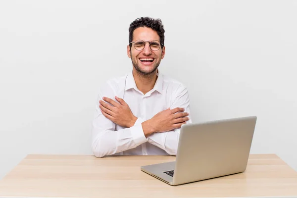 Hispanic Handsome Man Laughing Out Loud Some Hilarious Joke Businessman — Stock Photo, Image