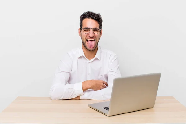 Hispanic Handsome Man Cheerful Rebellious Attitude Joking Sticking Tongue Out — Stock Photo, Image