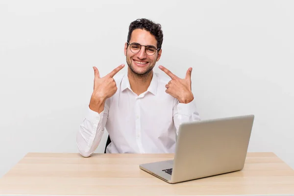 Hispanic Handsome Man Smiling Confidently Pointing Own Broad Smile Businessman — Stock Photo, Image