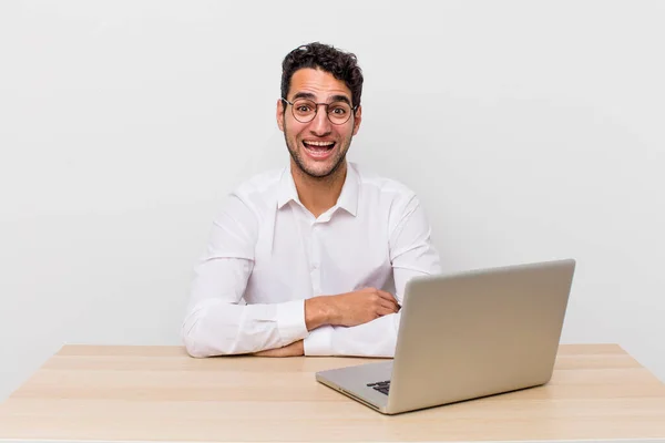 Hispanic Handsome Man Looking Happy Pleasantly Surprised Businessman Desk Concept — Stock Photo, Image