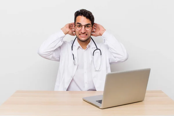 Hispanic Handsome Man Feeling Stressed Anxious Scared Hands Head Physician — Stock Photo, Image