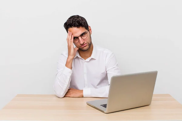 Hispanic Handsome Man Feeling Bored Frustrated Sleepy Tiresome Businessman Desk — Stock Photo, Image