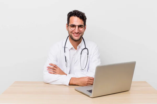 Hispanic Handsome Man Smiling Happily Hand Hip Confident Physician Concept — Stock Photo, Image