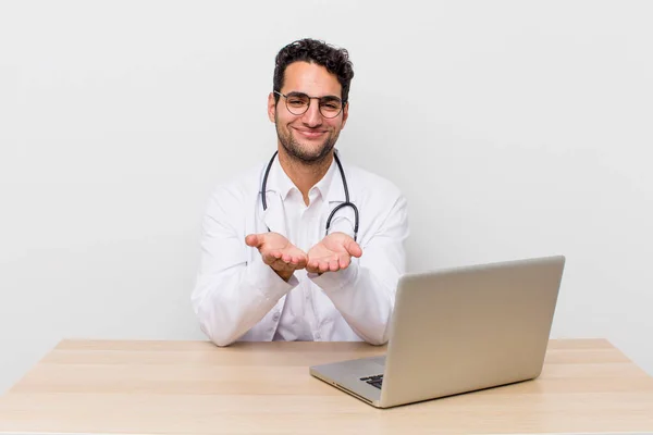 Hispanic Handsome Man Smiling Happily Friendly Offering Showing Concept Physician — Stock Photo, Image