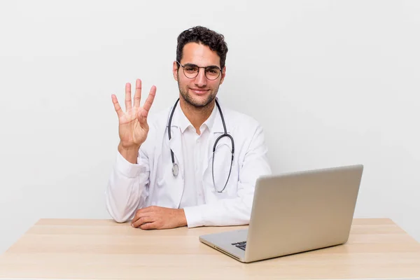 Hispanic Handsome Man Smiling Looking Friendly Showing Number Four Physician — Stock Photo, Image