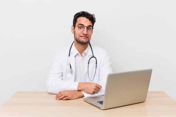 Hispanic Handsome Man Looking Puzzled Confused Physician Concept — Stock Photo, Image